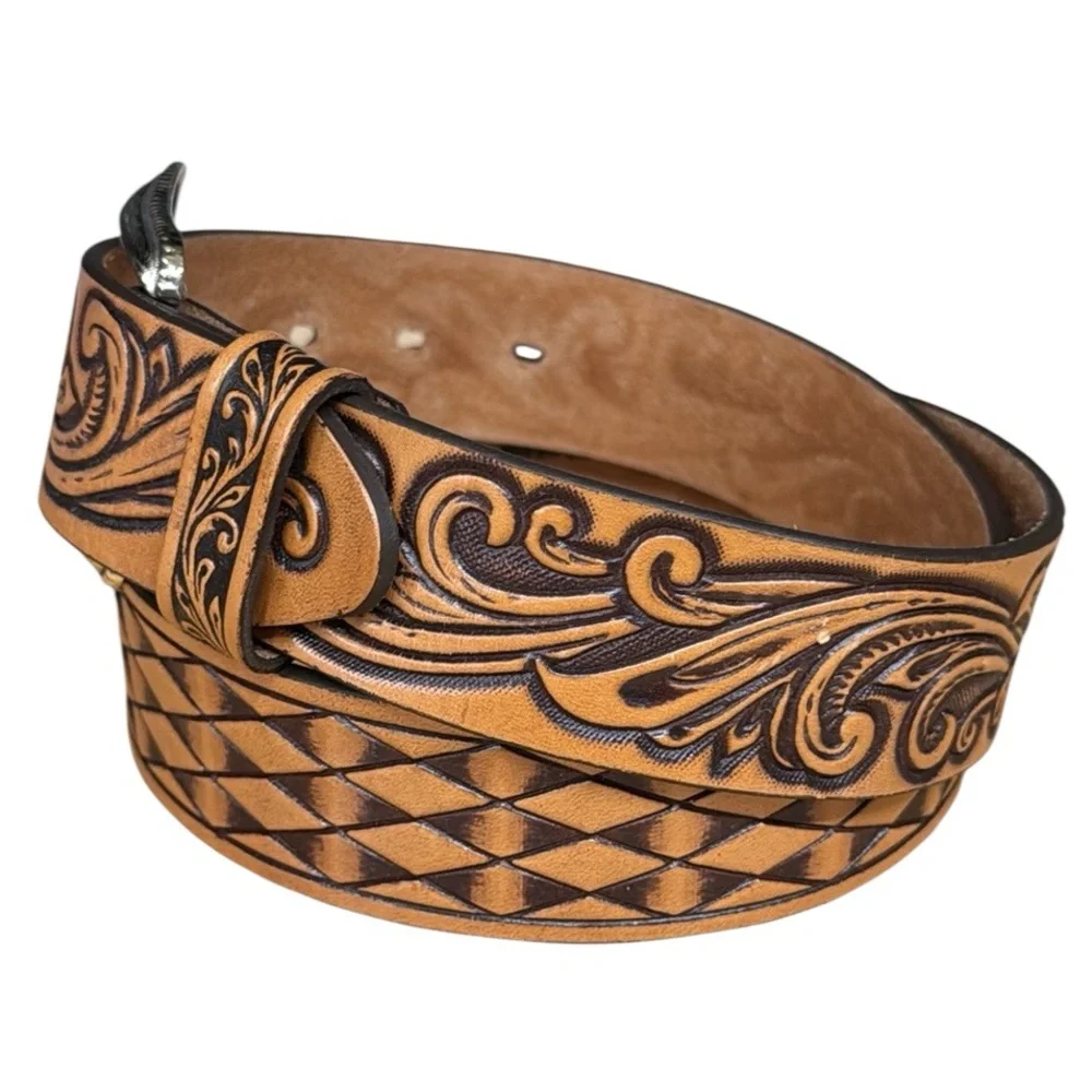 NWT Justin Western Scroll Tooled Brown Leather w/Silver Buckle #BR5029 Mens 34